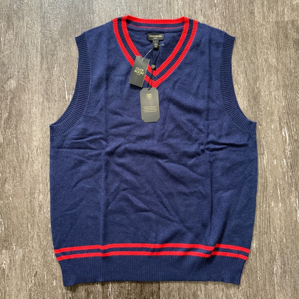 Club Room Mens Luxury Cashmere Navy‎ Red V Neck Sweater Vest L NWT $178 Preppy